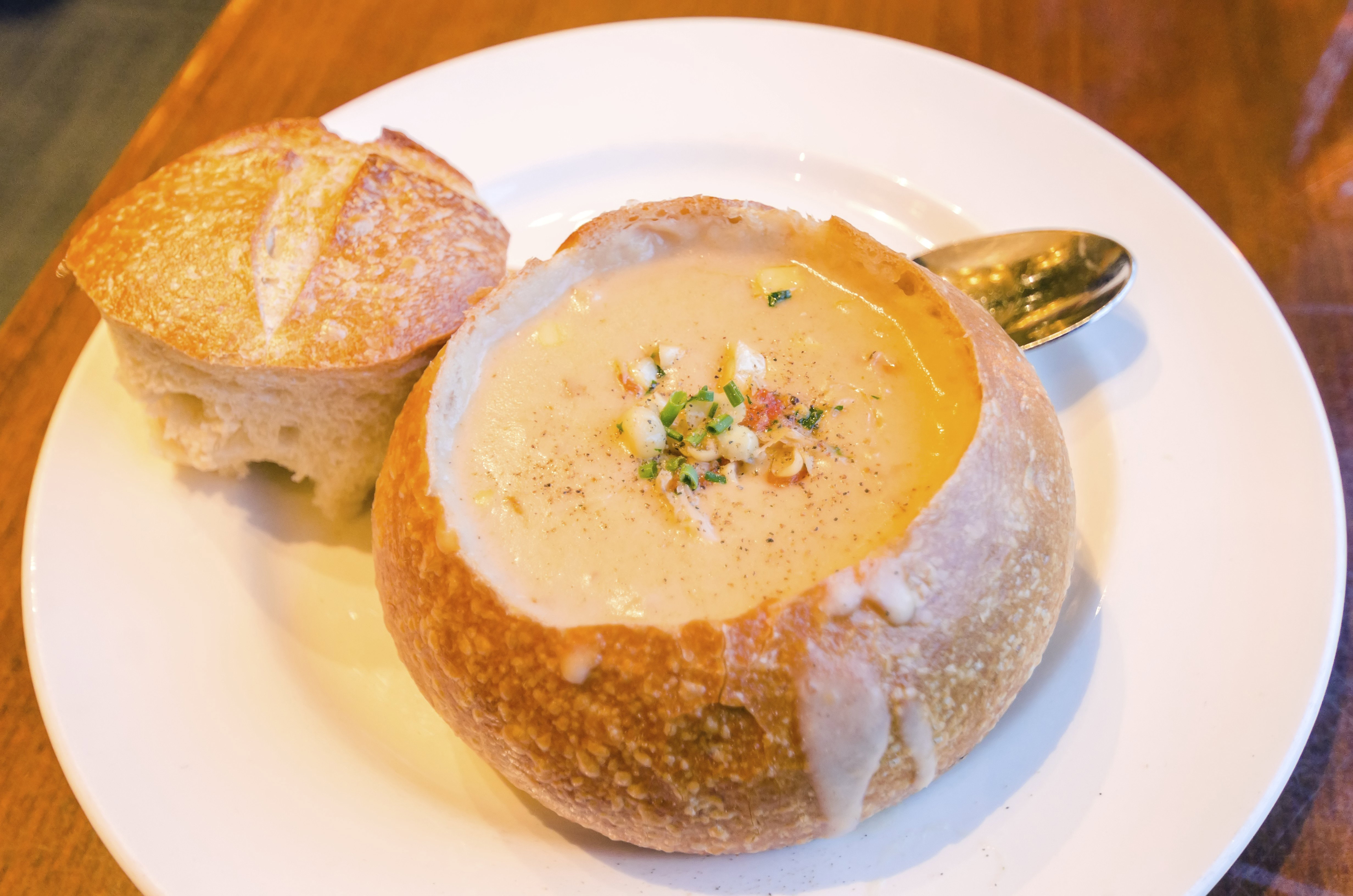 Close up of a Sourdough Clam Chowder gourmet dish