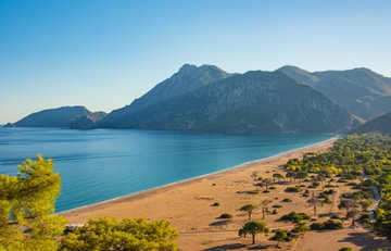 Aerial view of Cirali Beach from ancient Olympos ruins, Antalya Turkey