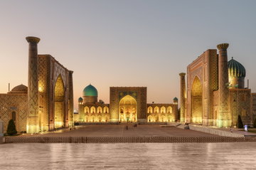 Evening view of the Registan Square in Samarkand, Uzbekistan