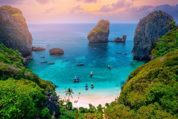 Aerial drone Landscape Turquoise lagoon Nui beach koh Phi Phi Don island