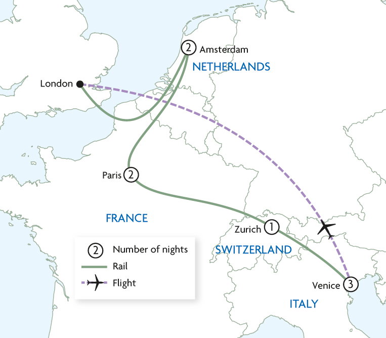Amsterdam, Paris, Zurich & Venice by Rail