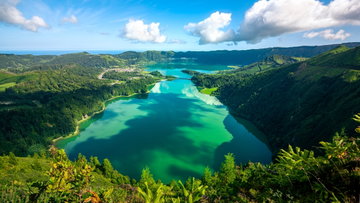 Landscape with Sete Cidades lakes, view from the Miradouro da Vista do Rei viewpoint in Sao Miguel island, Azores, Portugal