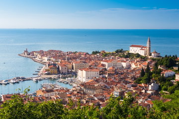 Overlooking the ref roofs of Piran, Slovenia with a tall spire and the blue Adriatic Sea in the background.