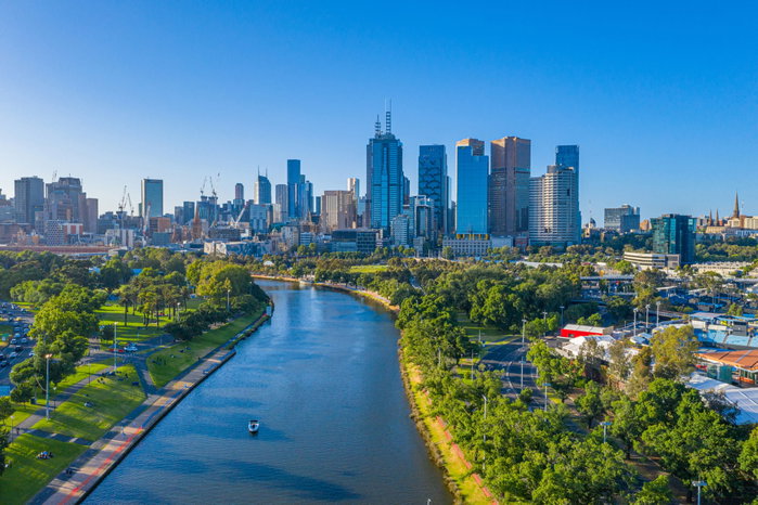 Skyline of Melbourne from Yarra river, Australia