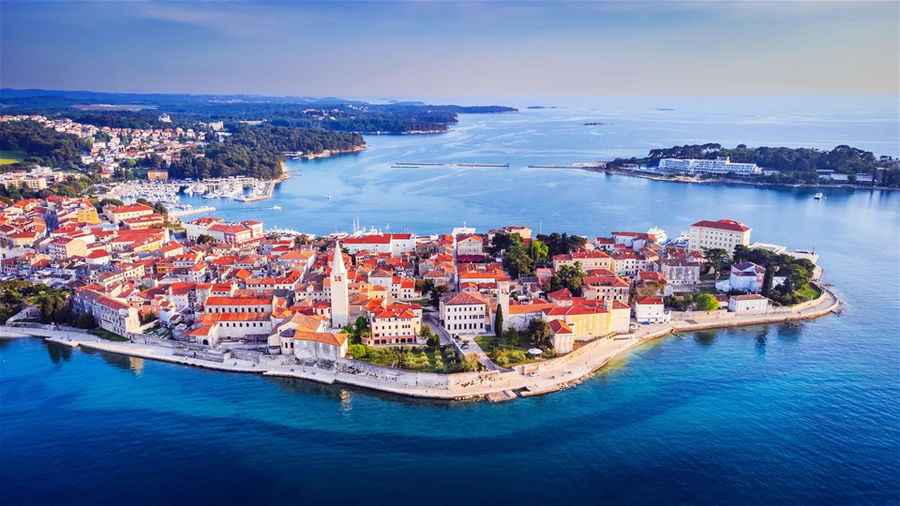 Aerial drone view of old town and Adriatic Sea, Istria region, Porec, Croatia