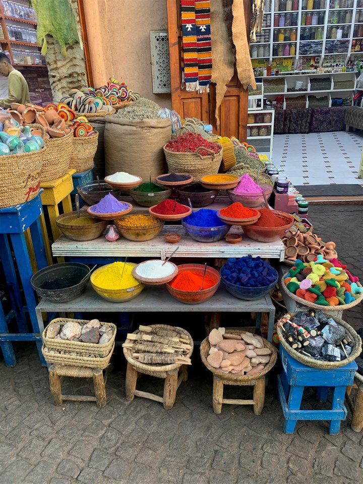 Pots of spices in a Marrakech market stall