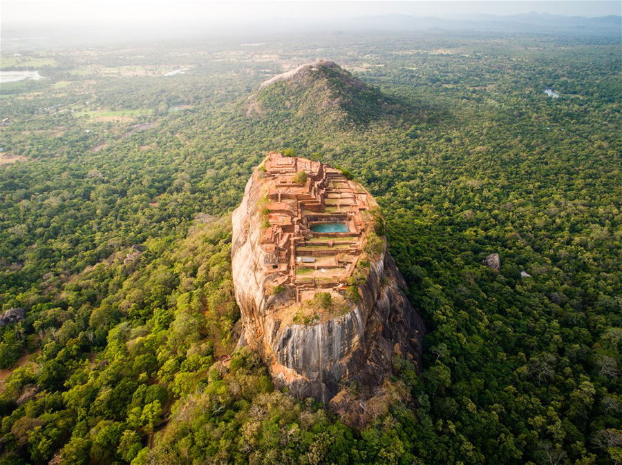 Sigiriya Lion Rock in Sri Lanka at sunrise from a drone