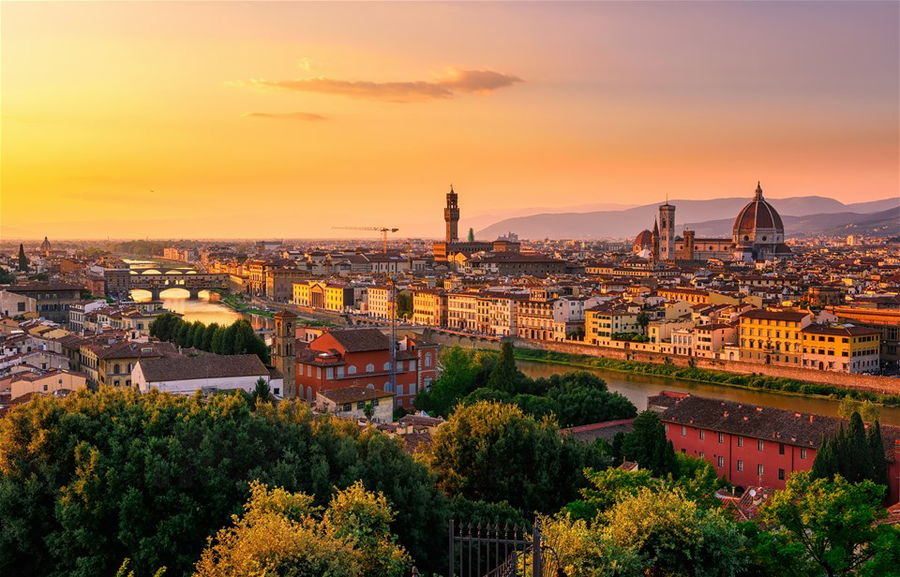 An aerial view of Florence at sunset, in Italy