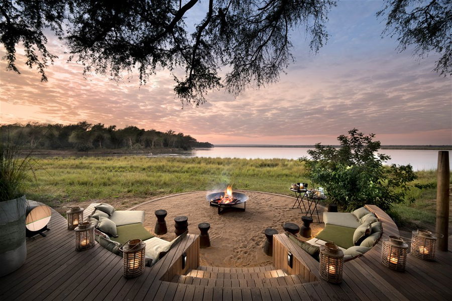 An evening fire pit at a safari lodge in Zambia, Africa