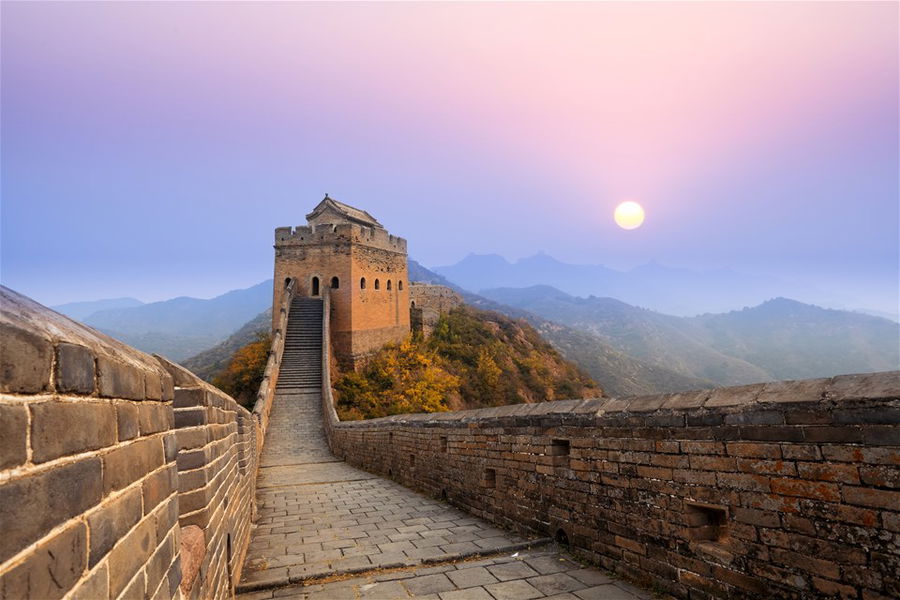 An empty Great Wall of China at sunrise