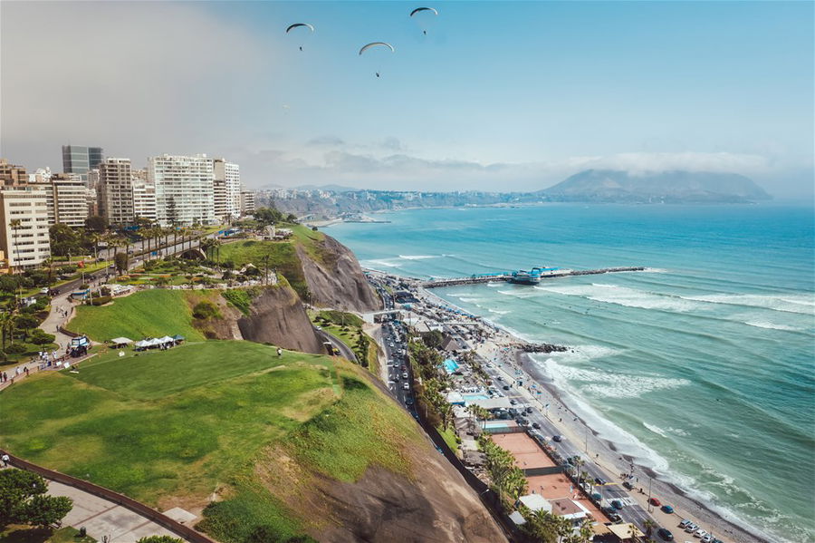 An aerial view of the coastal area of Miraflores, Lima, Peru