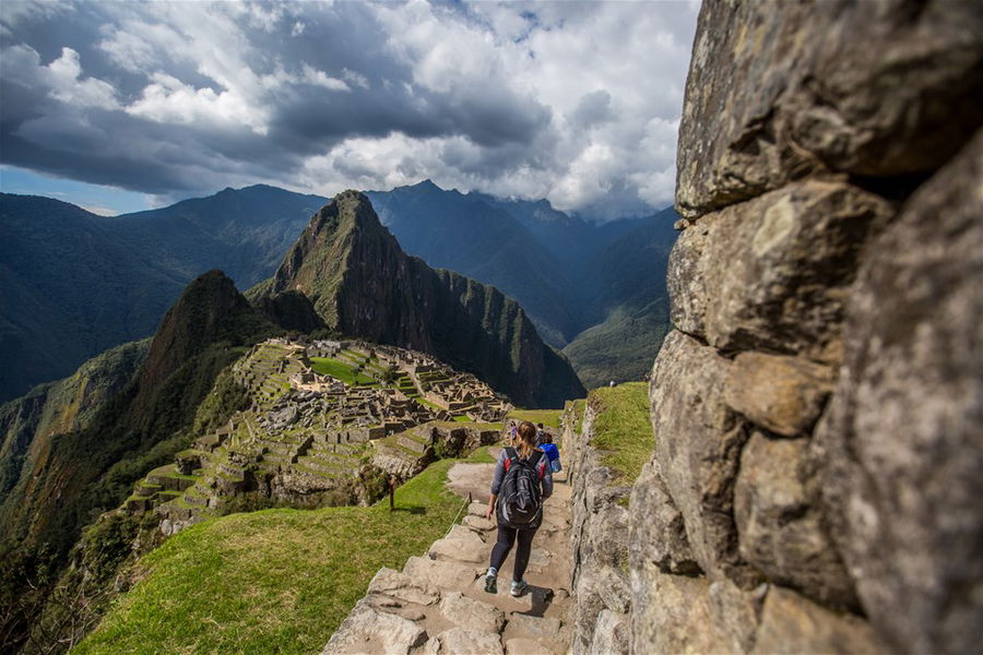 Hikers approaching Machu Picchu in Peru