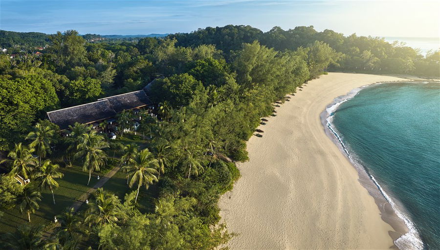 An aerial view of the sweeping beach at the Tanjong Jara Resort in Malaysia