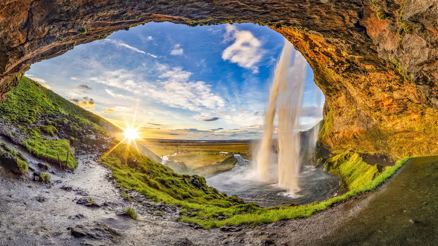 Seljalandfoss waterfall in summer time at sunset, Iceland