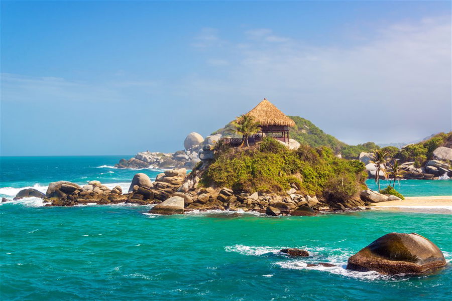 Rocky islands off the coast of Tayrona Natural National Park in Colombia