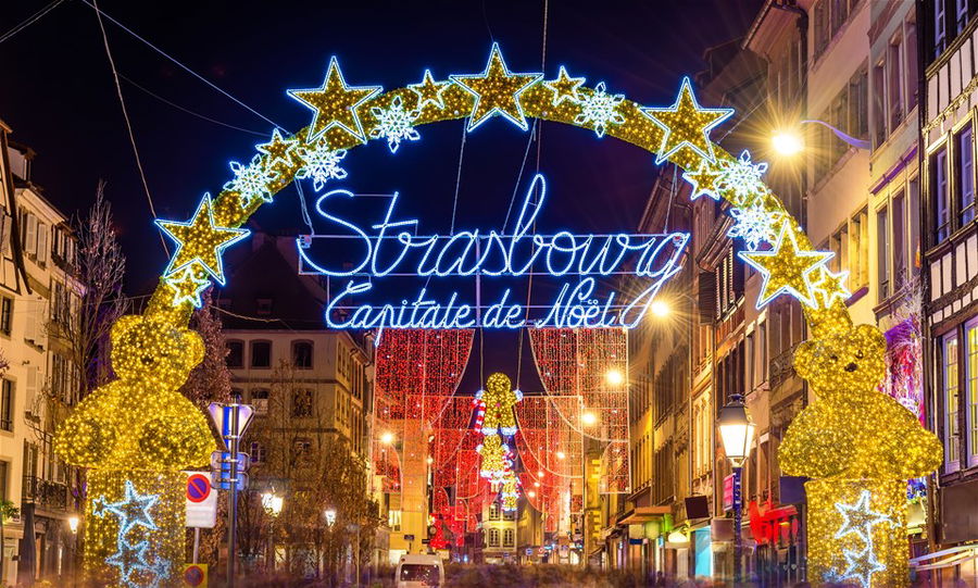 Entrance to the city centre of Strasbourg on Christmas time, France