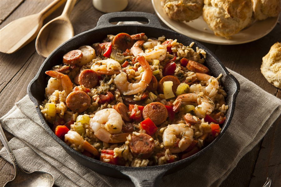 Spicy Homemade Cajun Jambalaya with Sausages and Shrimps, a specialty of Louisiana, USA