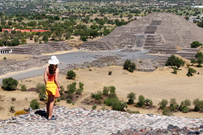 Tourist touring Teotihuacan Aztec ruins near Mexico City