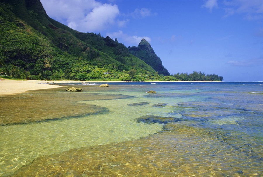 A beach in Hawaii backed by tall, lush mountains