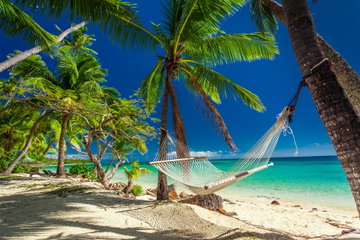 An empty hammock swinging between two palm trees, set within a white beach and the blue sea in the Cook Islands
