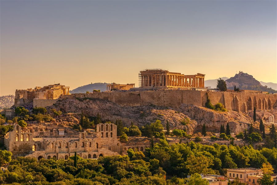 The Acropolis in Athens, Greece, at sunset