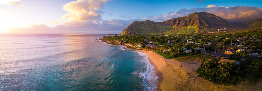 Aerial panorama of the West coast of Oahu, area of Papaoneone beach, Hawaii, USA