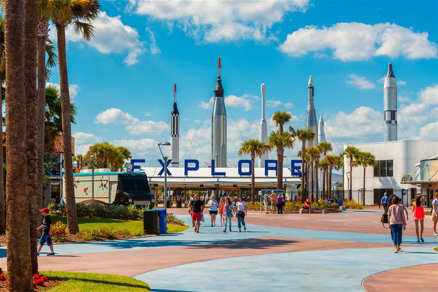 Entrance to Kennedy Space Center Visitor Complex in Cape Canaveral, Florida, USA