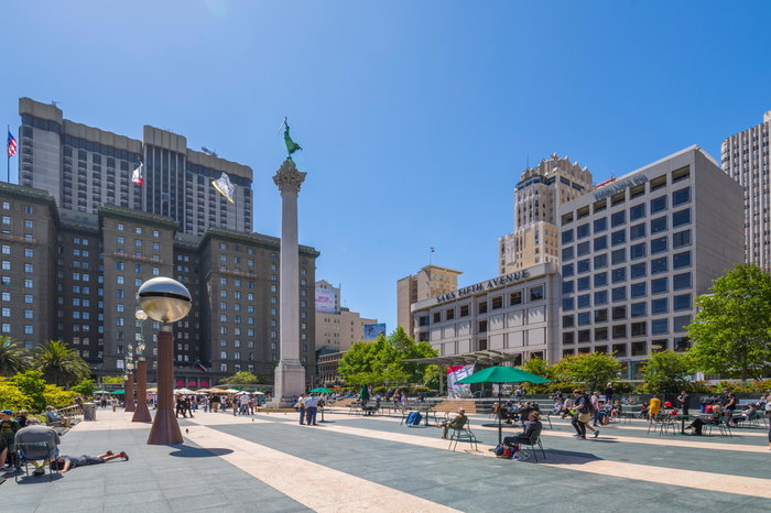 View of buildings and visitors in Union Square, San Francisco, California, USA