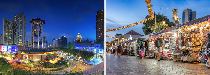 Orchard Road in Singapore and a night market