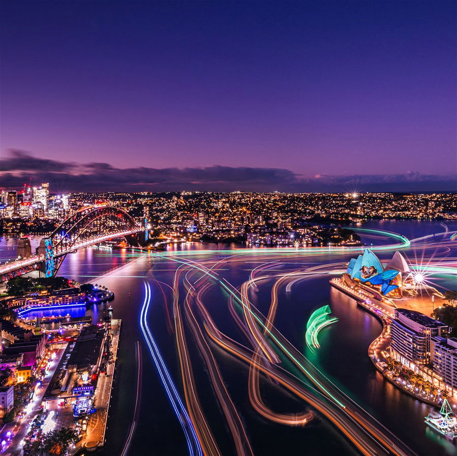 Sydney Harbour Bridge and neon lights, Australia