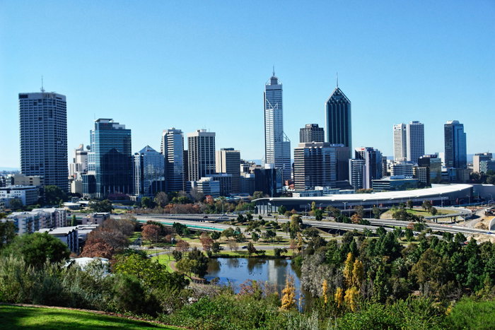 View of John Oldham Park, Perth Convention and Exhibition Centre, and the skyscrapers of Perth, Western Australia.