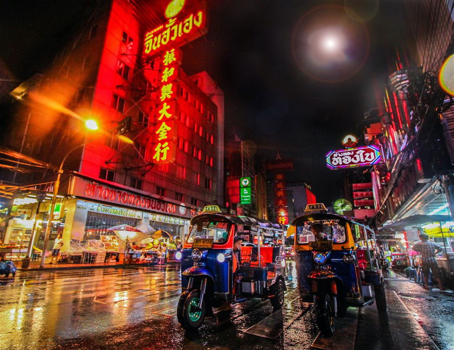 View of tuk-tuks in Bangkok’s Chinatown, Thailand