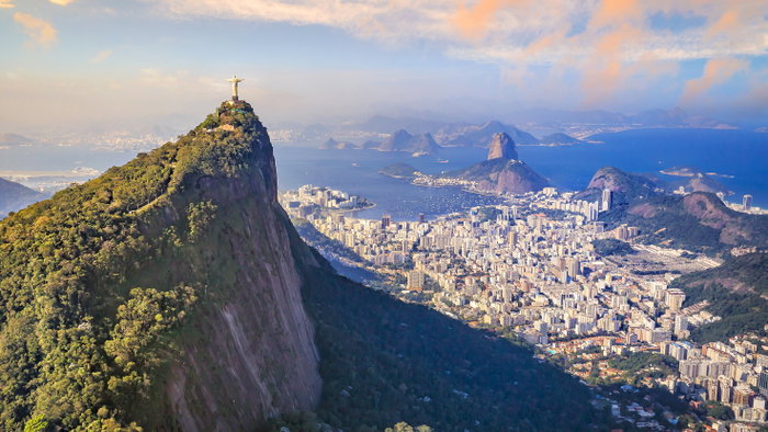 Aerial view of Christ the Redeemer, the city of Rio de Janeiro and the surrounding islands, Brazil.