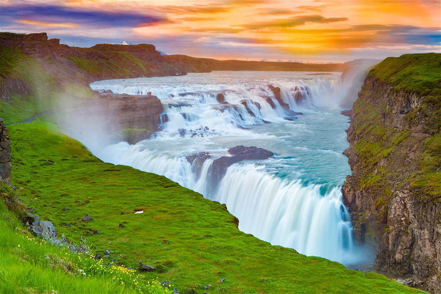 Gullfoss waterfall at sunset in Iceland