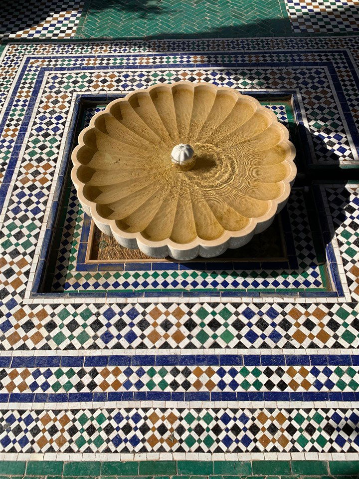 An ornate tiled fountain in Marrakech, Morocco