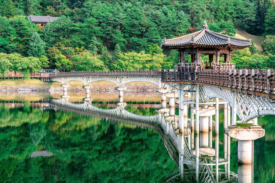 View of Weolyeonggyo bridge and pavilion with water reflection, Nakdong River, Andong, South Korea