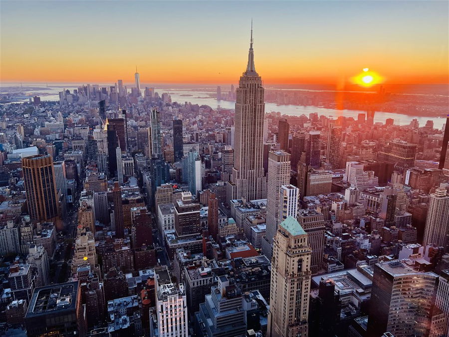 Amazing panorama view of New York city skyline and skyscraper at sunset