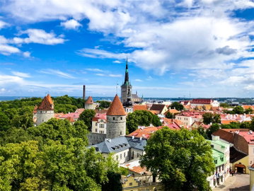 Castle turrets and church spires poke through the foliage surrounding Tallinn Old Town, Estonia
