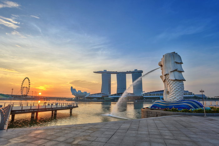 sunrise at Singapore City Skyline view at Marina Bay - architecture asia attraction building city landmark marina bay merlion park singapore skyline skyscraper sunrise urban