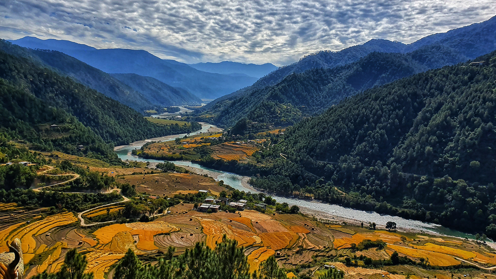 A giant prayer wheel on the way to the Tiger's next in the town of Paro in Bhutan