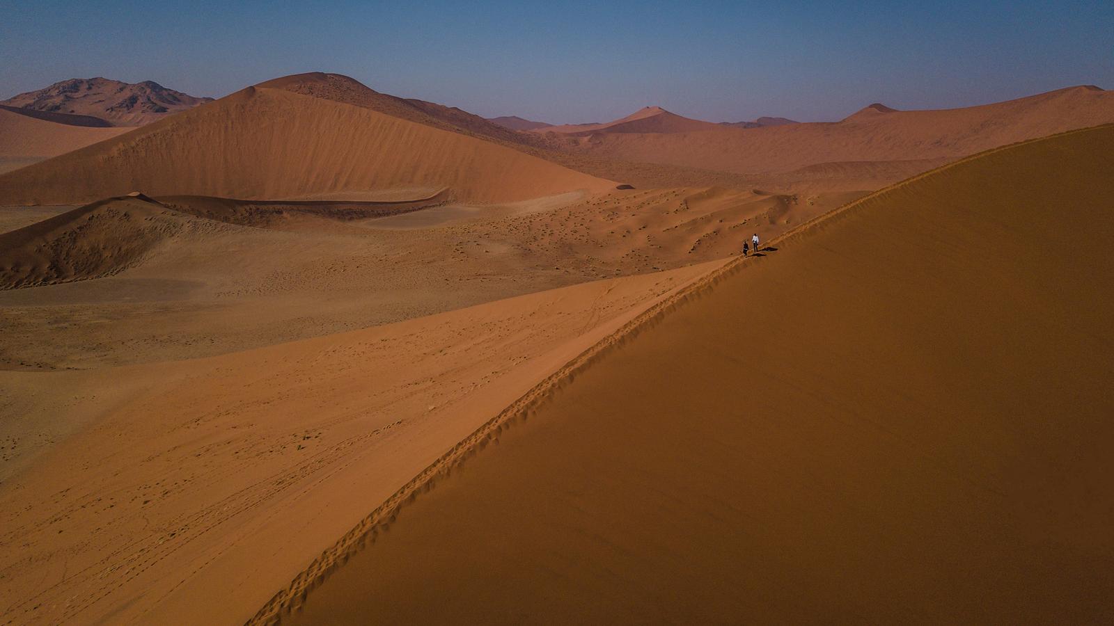 A group of tourist climbing the famous Dune 45 in the Namibian desert