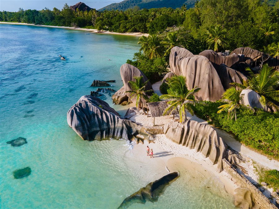 An aerial view of a beautiful beach in the Seychelles